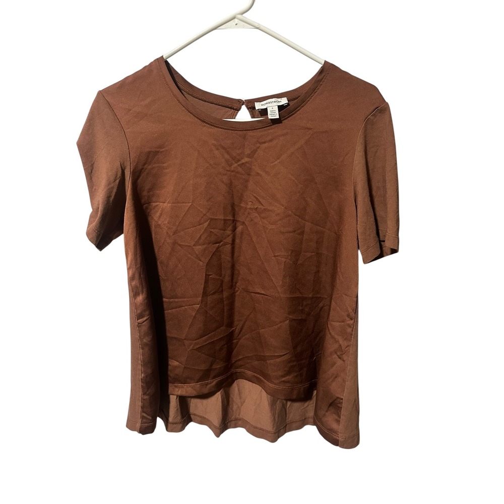 Nordstrom Size Small Brown Short Sleeve Top Keyhole Back Hi-Low Hem -
